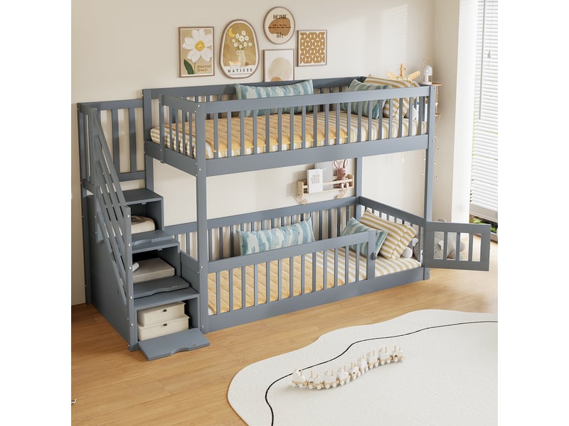 Lit superposé enfant 90 × 200 cm 2 places avec escalier à tiroirs et barrières, sans matelas, gris - Conforama C