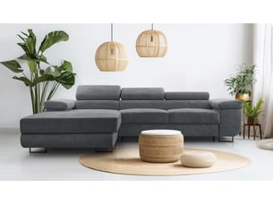 Canapé d'angle gauche convertible <strong>AX LIVING </strong> <strong>Arborio</strong> 5 places Velours côtelé gris avec coffre de rangement