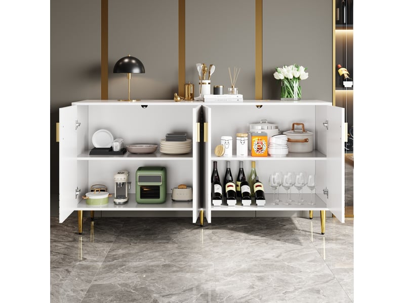  Buffet bas modenvie 152 x 40 x 75 cm blanc avec portes à motif ondulé, poignées et pieds dorés, 4 portes et 2 tiroirs  - Conforama E