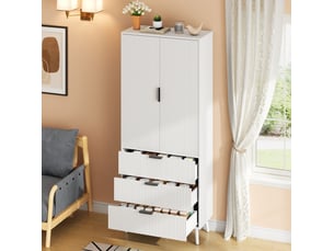 Armoire de cuisine 75x35x180 cm blanche avec 2 portes et 3 tiroirs