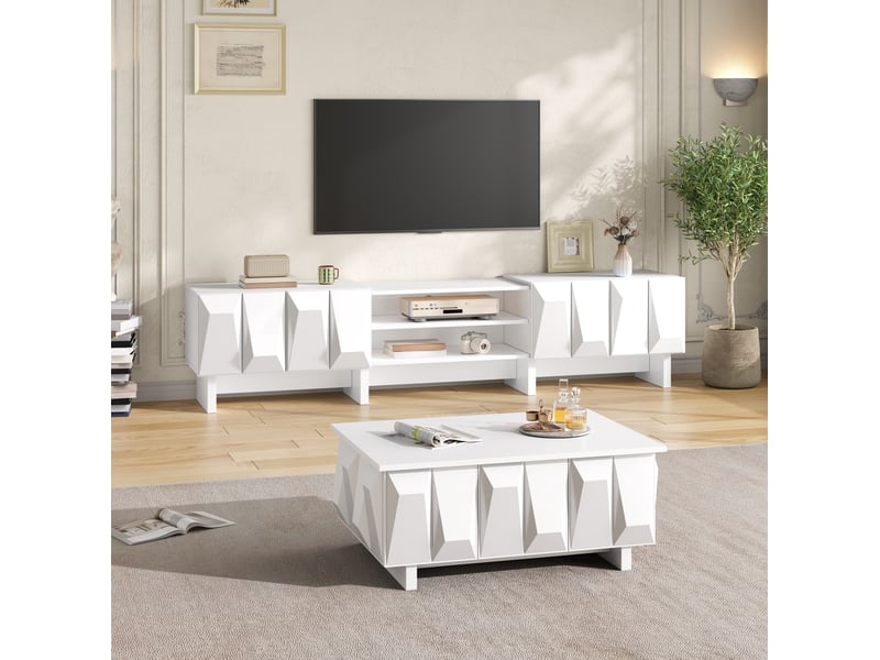  Ensemble meuble tv et table basse blancs avec rangements en panneaux de particules  - Conforama B