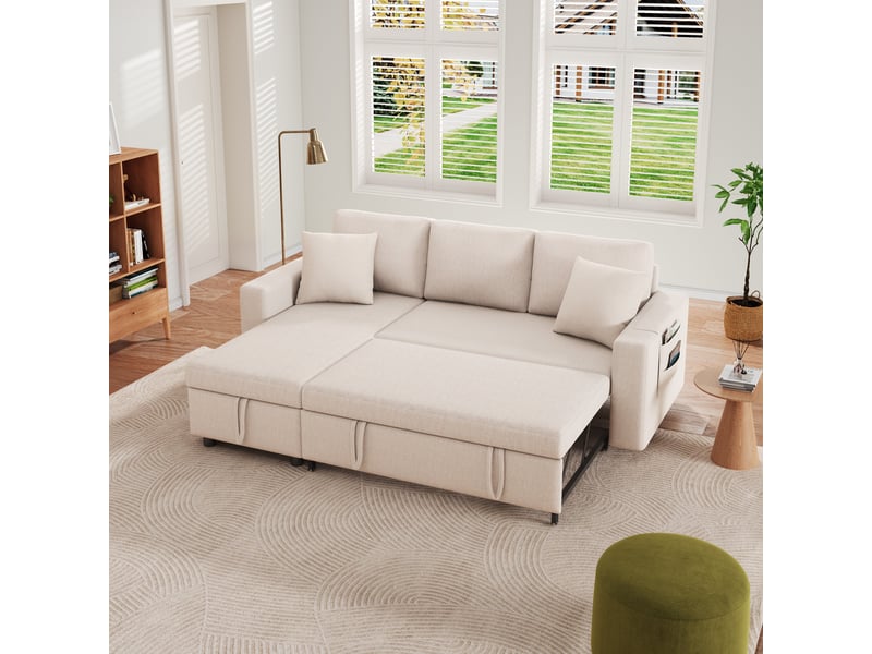  Canapé d'angle convertible 3-4 places en tissu effet lin beige avec coffre et méridienne réversible  - Conforama R