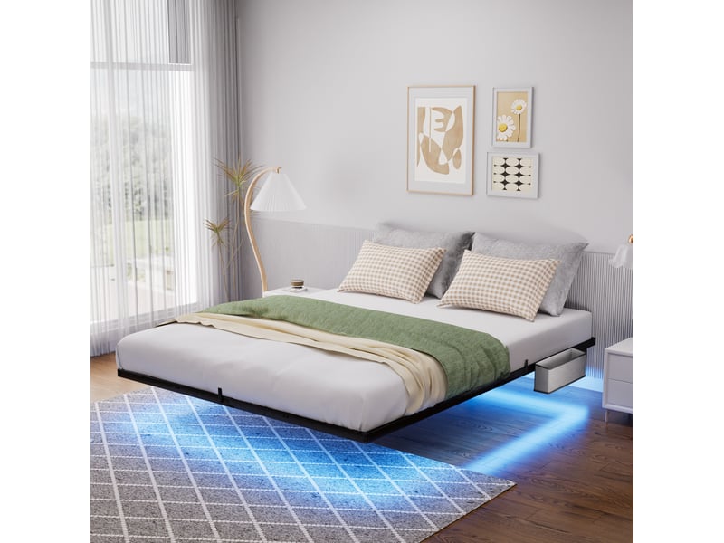 Lit Double En Métal 140 X 200 Cm Avec LED Et USB, Avec Rangement Sommier A Lattes Noir