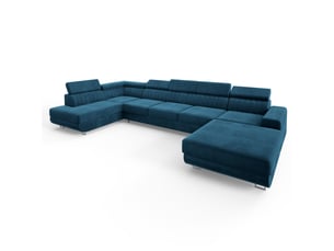 Canapé d'angle gauche convertible MASSENO 6 places Velours bleu avec coffre de rangement