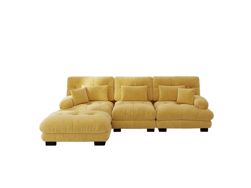  Canapé d'angle modulable en l, canapé salon profond avec ottoman, tissu chenille jaune, grand format 313x145 cm  - Conforama A
