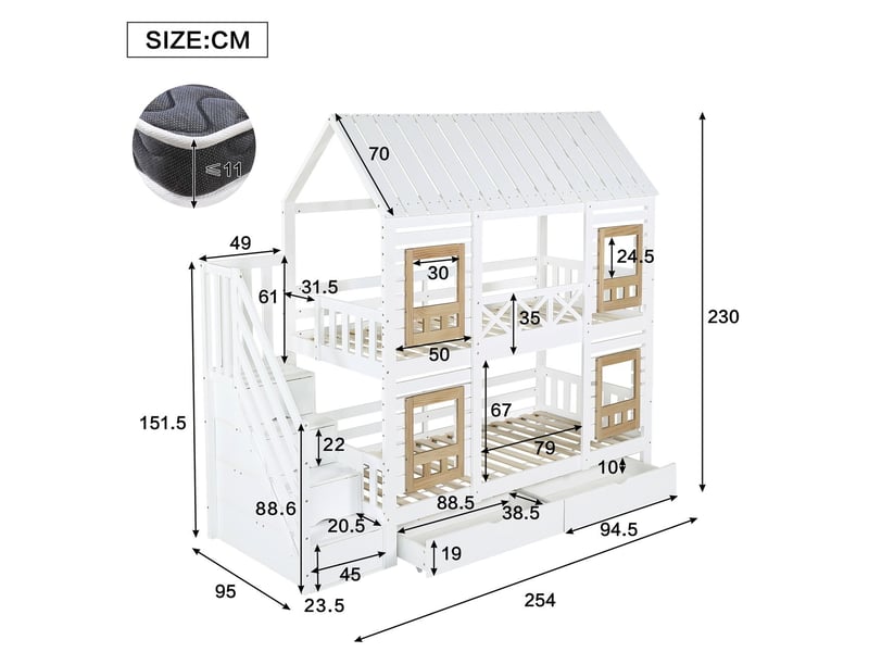 Lit superposé 90x200cm avec escalier rangement 4 casiers 2 tiroirs - lit double - bois massif blanc naturel fenêtres, sécurité en747 - Conforama C
