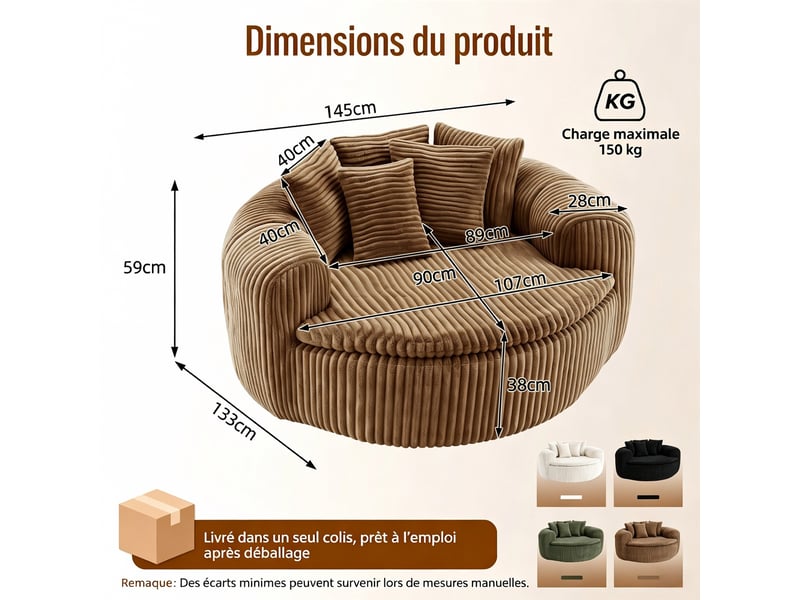  Pouf lounge côtelé en velours côtelé camel avec assise profonde et 5 coussins pour... IKSETERA TRADING LTD - Conforama C