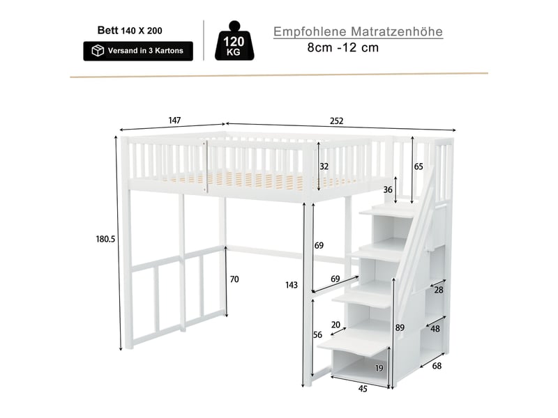  Lit mezzanine 140x200 cm coloris blanc bois massif lit enfant blanc - Conforama C
