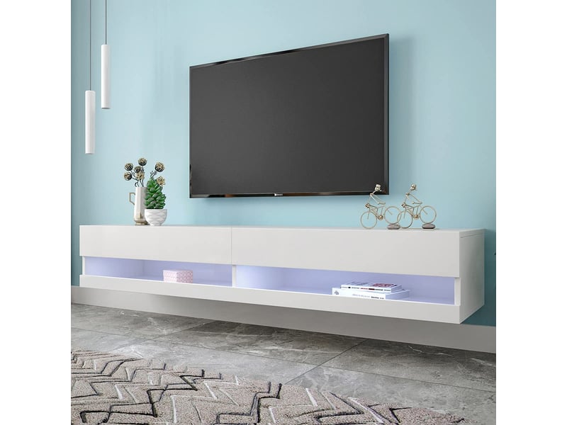 Meuble tv led blanc suspendu 140 cm avec éclairage contrôlé par application, finition brillante et rangement, 140x40x30.5cm  - Conforama R