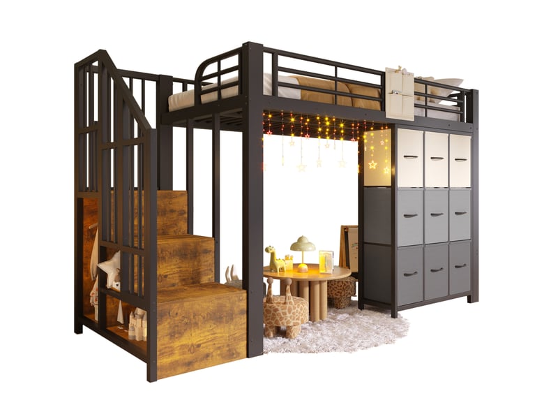  Elvmi lit mezzanine 90x200 cm en métal et mdf noir et blanc, avec escalier de rangement, commode à tiroirs, penderie intégrée, garde-corps, poche de rangement et espace inférieur polyvalent  - Conforama D