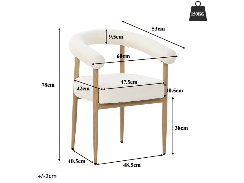  Lot de 6 chaises de salle à manger 48,5x40,5x78 cm, blanc, ergonomique, patins réglables, style contemporain, métal, tissu  - Conforama C