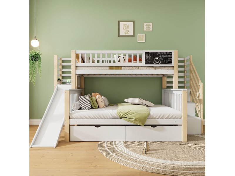  Lit superposé enfant 90x200 et 140x200 cm, toboggan, escalier de rangement, pin blanc et naturel, sans matelas  - Conforama B