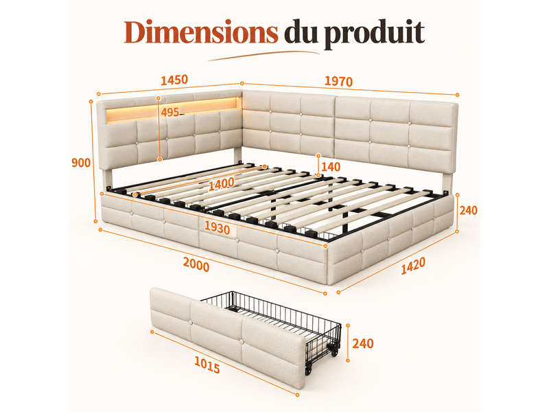  Canapé lit rembourré 140x190 avec led et port usb tpye-c, lit double avec 2 tiroirs et nombreux rangements, sommier à latte, beige  - Conforama D
