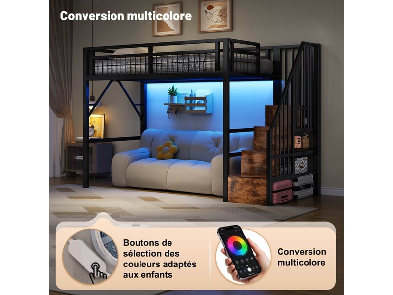 Lit mezzanine 90x200 cm avec led, escalier avec rangement, espace sous le lit aménageable, cadre métallique et mdf, noir Radiant Stride - Conforama E