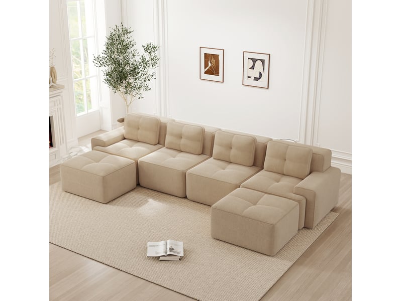  Canapé modulable 4 places 382x177x69 cm avec chaise longue en u sans montage velours côtelé beige  - Conforama C