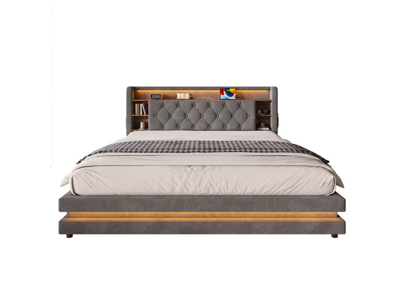  Lit coffre capitonné 160x200 cm en velours gris avec led, rangements et ports usb  - Conforama A