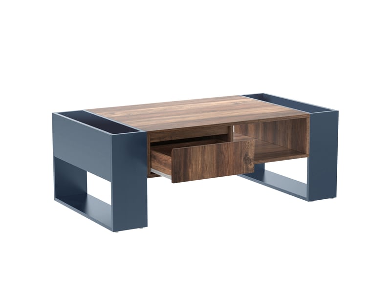  Table basse 111x60x40 cm, tiroir sans poignée, rangement double face, compartiments latéraux, structure en panneaux - noir et gris  - Conforama A