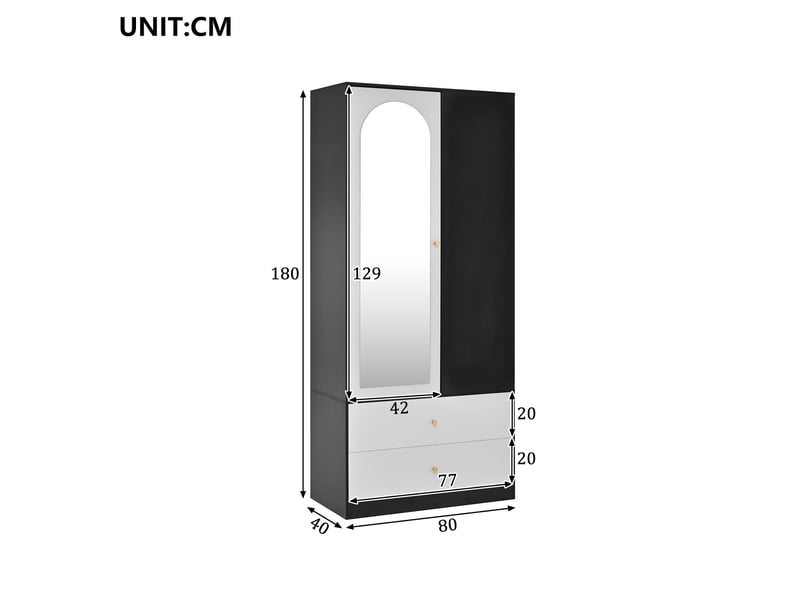  Armoire penderie avec miroir - 80x40x180cm - 1 porte, 2 tiroirs &amp; 4 étagères - charnières soft-close - noir &amp; blanc  - Conforama D