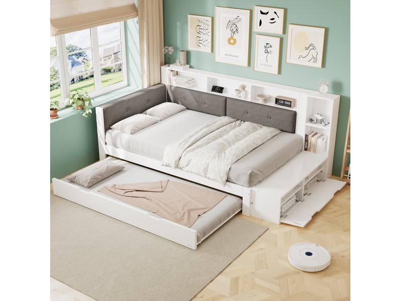  Lit gigogne tcqpz 120 x 200 cm avec couchage coulissant 90 x 190 cm rangement et base de chargement bois blanc et gris  - Conforama E