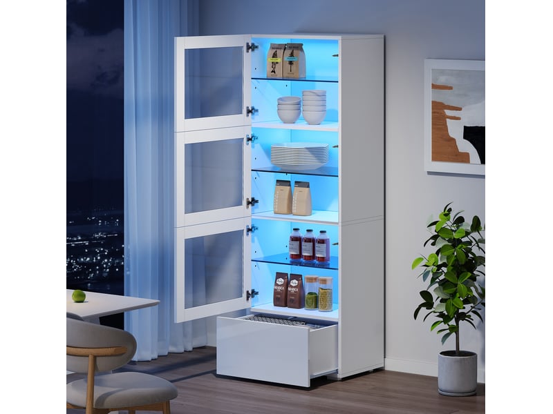 Vitrine haute 60x40x173 cm, 3 portes acrylique, led, tiroir, façade brillante, mdf et verre trempé, blanc  - Conforama B