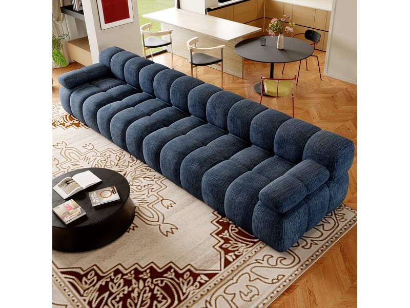  Canapé 4 places compressé 400x100x68 cm en mousse douce et tissu couleur bleu, design moderne  - Conforama D