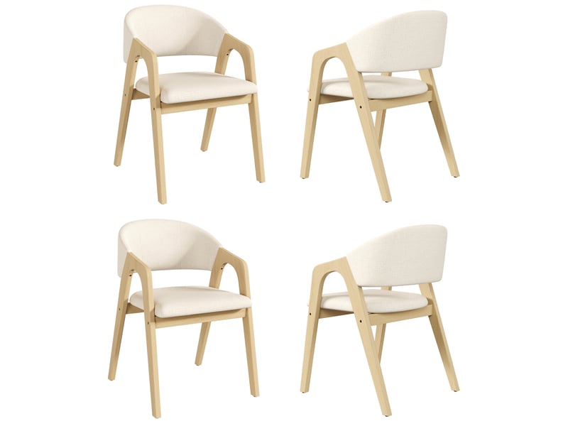  Chaise de salle à manger lot de 4 avec accoudoirs, dossier incurvé et assise rembourrée en lin et bois naturel et beige  - Conforama A