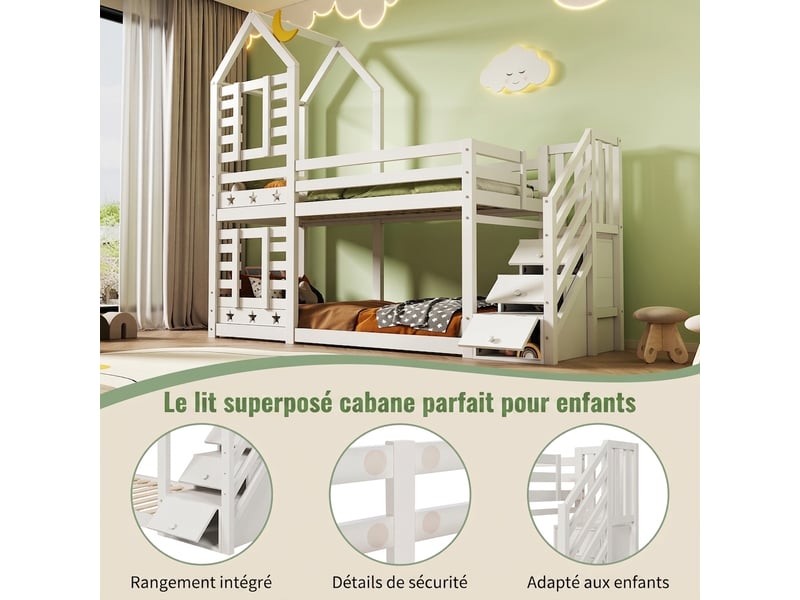 Lit superposé cabane enfant avec tiroirs 90x200 cm - bois massif blanc rangement intégré - Conforama B