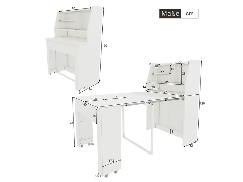 Table extensible, 52-132,5 x 80 x 120 cm (repliéedéployée), blanc, rangement intégré, panneau de particules - Conforama C