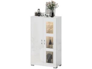 Buffet avec éclairage led rgb 16 couleurs et télécommande, finition laquée brillante, portes et étagères en verre, 71 x 35 x 126 cm, blanc