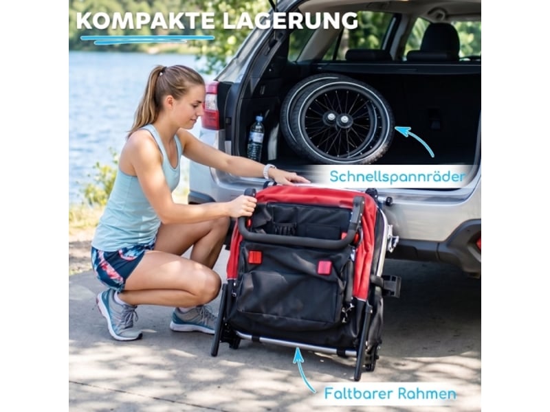 Remorque vélo enfant rouge 2 places, 2 en 1 pliable, siège réglable, harnais de sécurité - Conforama C