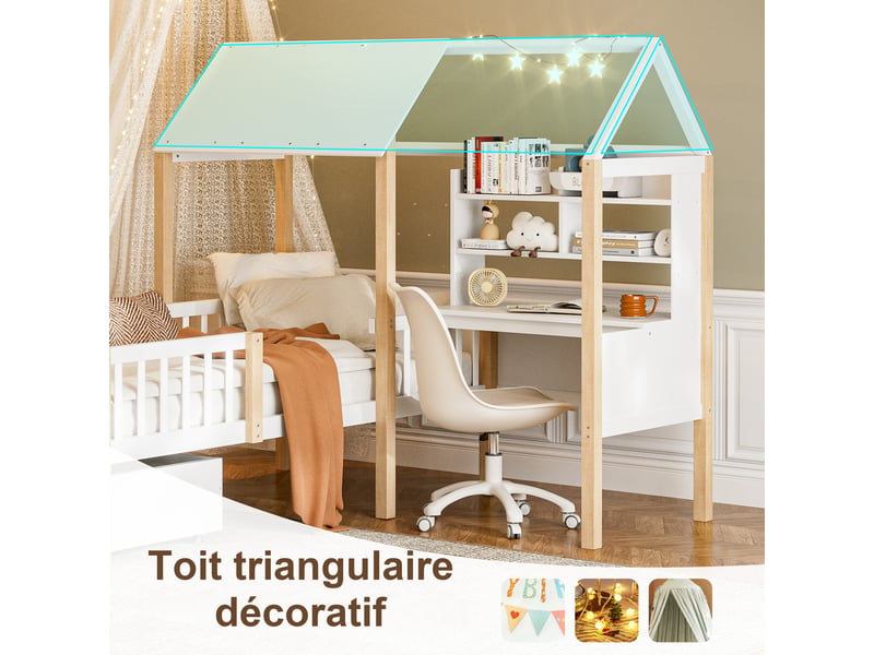  Lit cabane enfant 90x200 cm blanc en bois avec bureau, étagères, 2 tiroirs sur roulettes et sommier à lattes  - Conforama W
