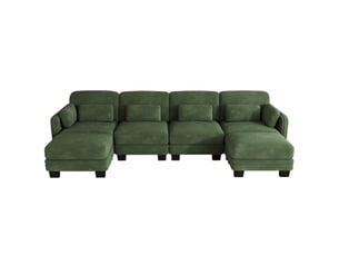 Canapé panoramique modulable 330 cm 4 places avec 2 poufs, coussins d’accoudoir amovibles, coussins lombaires épais, chenille, vert