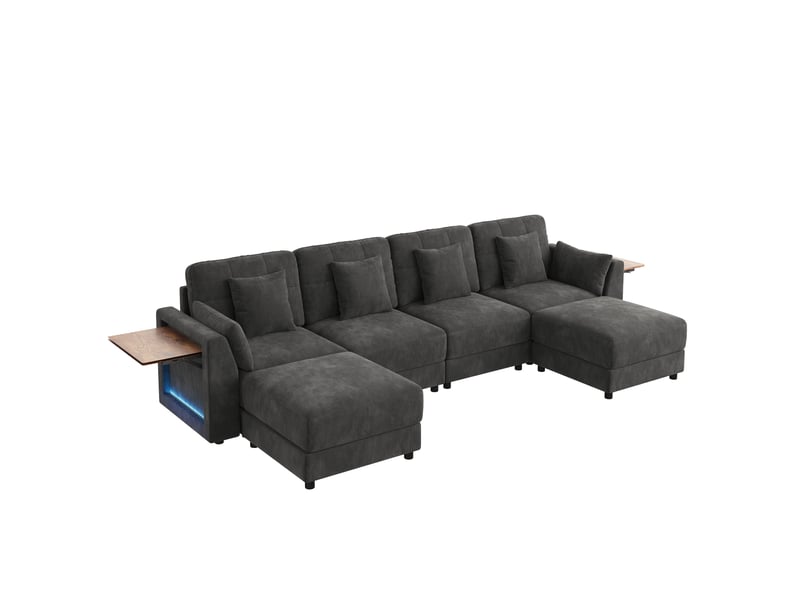  Canapé modulable en chenille gris, canapé d'angle ul avec éclairage led &amp; table rabattable, 6-7 places pour grand salon moderne  - Conforama A