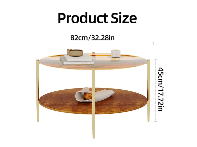  Table basse ronde dorée avec plateau en verre trempé et rangement ouvert en bois  - Conforama D