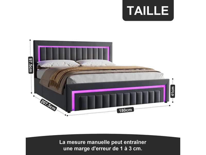  Lit coffre 2 places 180x200 cm avec 2 tiroirs et led, en velours gris  - Conforama C