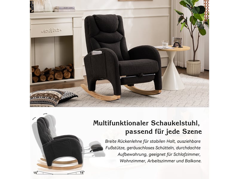 Fauteuil à bascule avec repose-pieds pliable et repose-tête, tissu teddy gris foncé, 66 × 125 × 101 cm - Conforama E