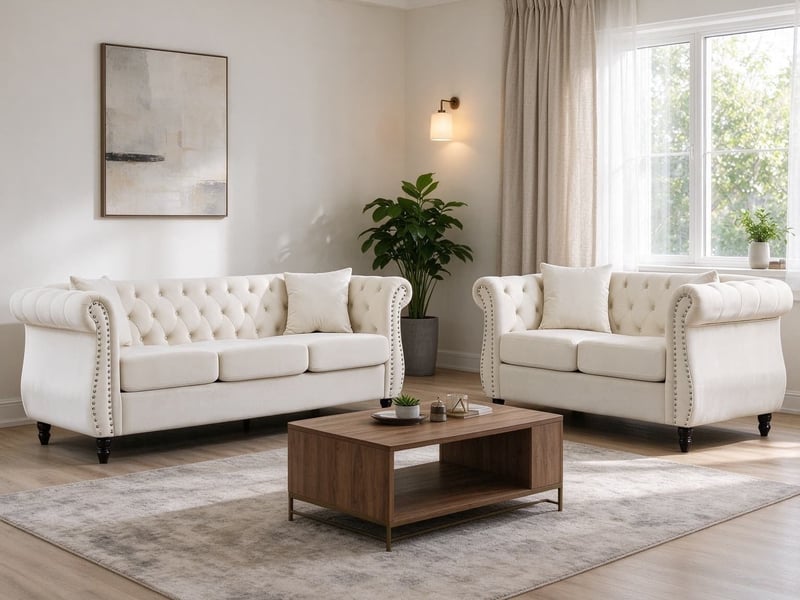  Canapé droit, pieds en bois d'hévéa façon bouteille, détails capitonnés et rivets argentés, 5 places, 76 x 73,6 x 203 cm + 76 x 73,6 x 148 cm, beige  - Conforama B