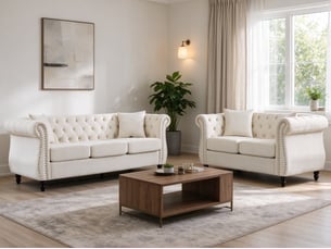 Canapé droit, pieds en bois d'hévéa façon bouteille, détails capitonnés et rivets argentés, 5 places, 76 x 73,6 x 203 cm + 76 x 73,6 x 148 cm, beige