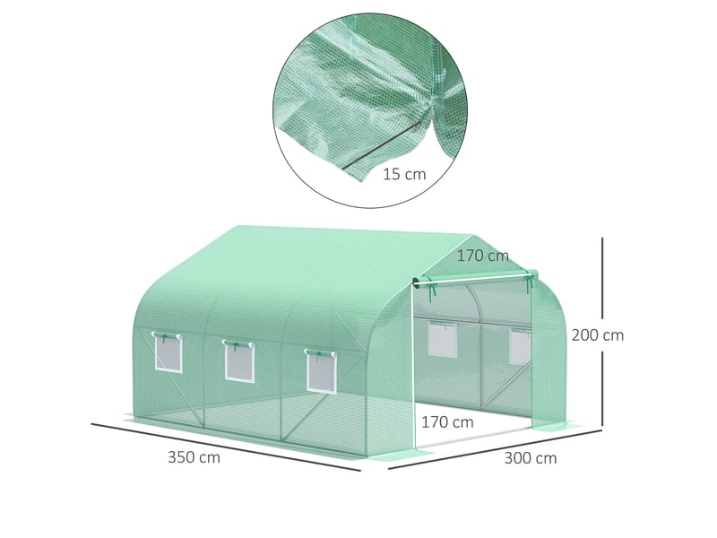  Serre de jardin 350x300x200 cm – vert foncé – toit à deux pans avec accès zippé et fenêtres enroulables  - Conforama C
