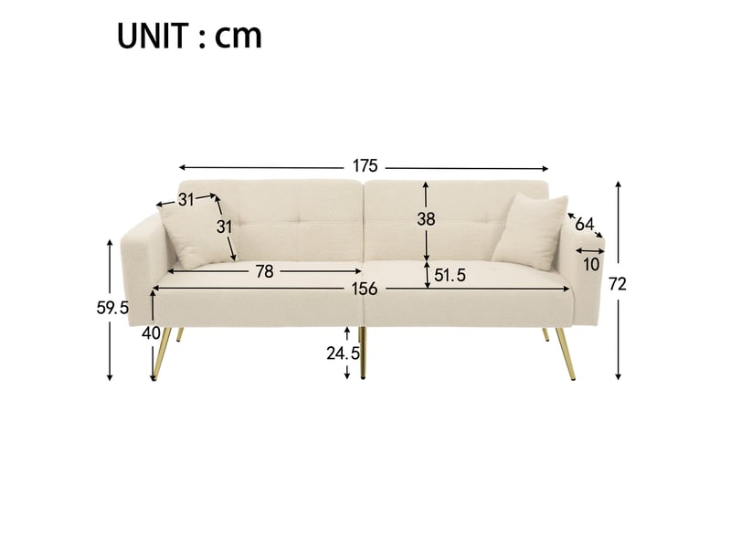 Canapé convertible bouclette beige, canapé lit 2 places avec dossier inclinable et pieds dorés, canapé beige 175 cm. - Conforama B