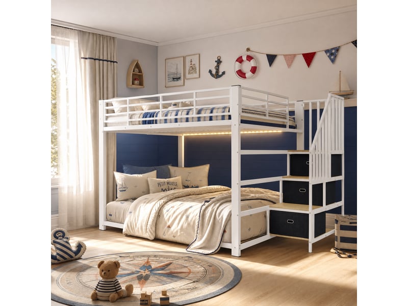 Lit superposé adulte 140 x 200 cm avec escalier réversible, rangement, led et prise électrique, mdf et métal, blanc OMNIGLINT TRADING LTD - Conforama B