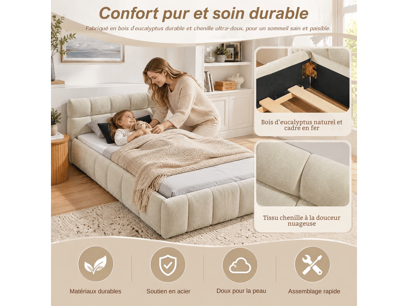  Bubble bed 90x200 cm, lit simple rembourré 90x200 cm - cadre de lit - lit en chenille - sommier à lattes - capacité de charge 200 kg - chenille - beige  - Conforama E