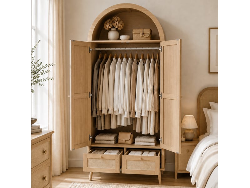  Armoire 2 portes 2 tiroirs 80 x 55 x 180 cm, mdf, coloris chêne et beige avec tringle  - Conforama E