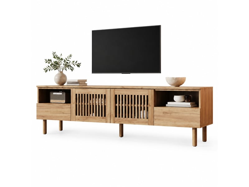 Meuble tv mdf avec 2 portes grillagées, 2 tiroirs, niches ouvertes et passe-câbles pour salon, 180×40×51 cm - Conforama A