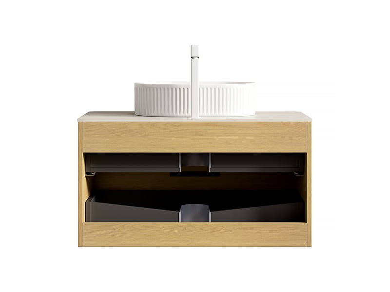 Meuble sous vasque avec lavabo ovale en céramique et 2 tiroirs, plateau en pierre frittée, salle de bain beige - Conforama E