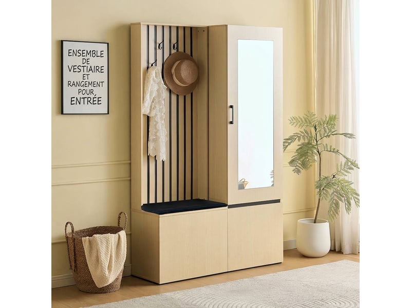 Vestiaire d'entrée avec miroir et banc à chaussures - ensemble meuble d'entrée moderne mdf bois clair - Conforama D