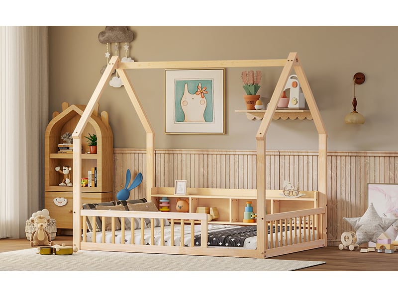 Lit enfant en forme de maison 140x200 cm naturel pin avec rangements et barrières de sécurité Sol Morn - Conforama E