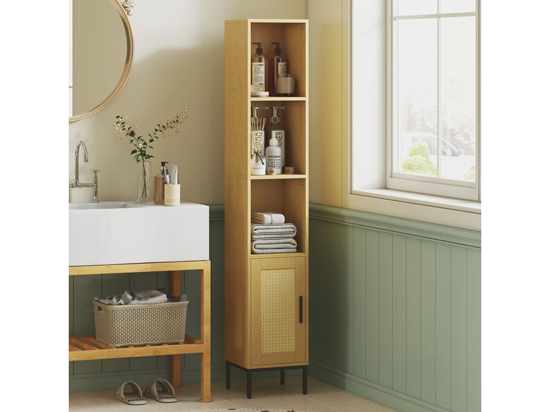 Armoire de salle de bain haute et étroite avec étagères ouvertes et étagère réglable, aspect bois naturel - Conforama C
