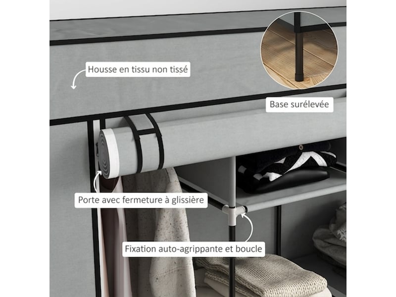  Armoire en tissu gris foncé pliante avec penderie et tringle, meuble de rangement portable, 166x42,5x169,5 cm  - Conforama D