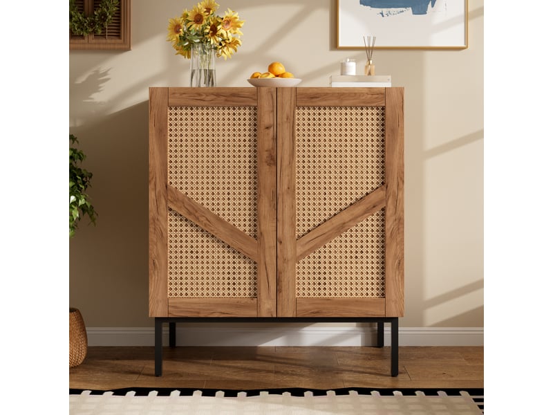  Buffet bas 70x38,5x80 cm avec 2 portes effet rotin pe, 2 étagères réglables, pieds métal, double anti-basculement, effet bois naturel  - Conforama C